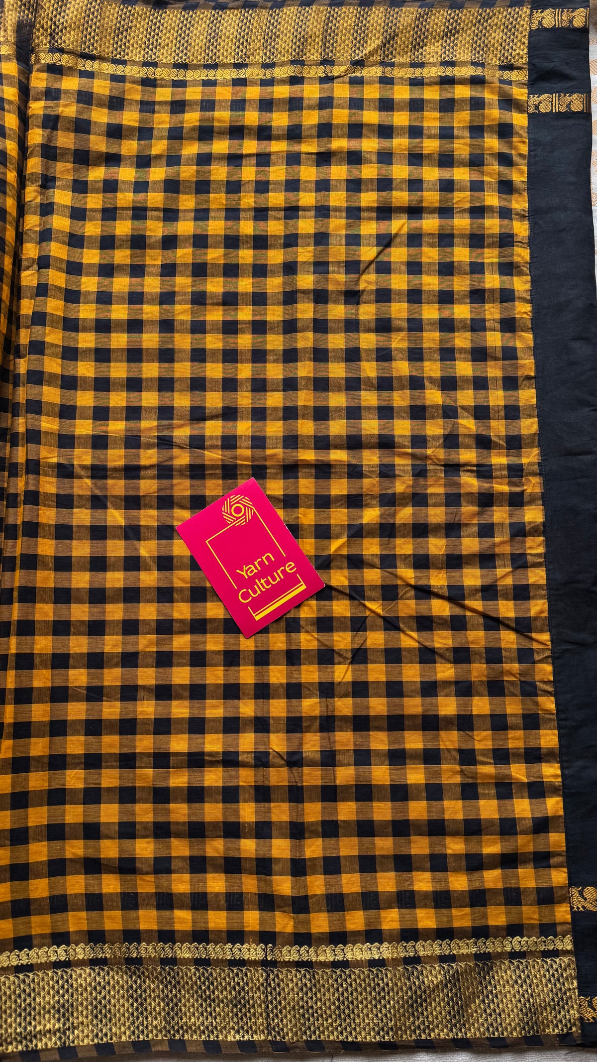 Black with yellow and black checks, sungudi and chettinad cotton half-half saree - YCCOTNIDOC30