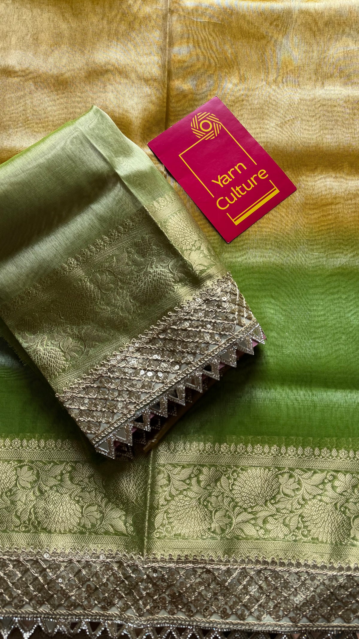 Pastel pink, green and yellow tissue Banarasi saree with embellished mirror border - YCBLTOC73