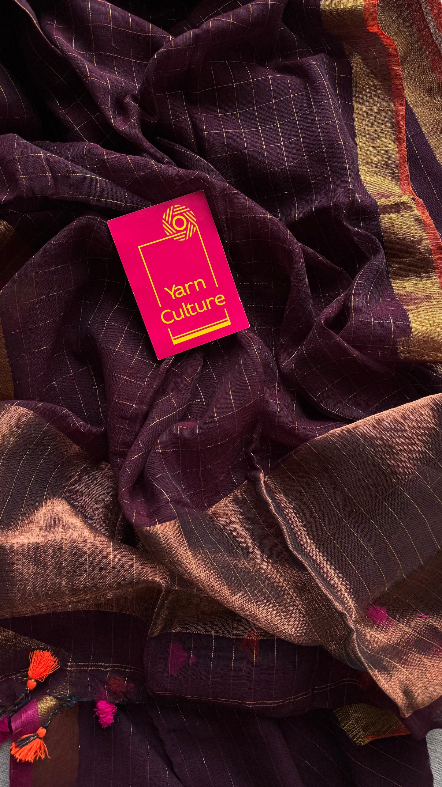 Brown linen by cotton saree, gold checks & copper zari pallu - YCBCLCFE394