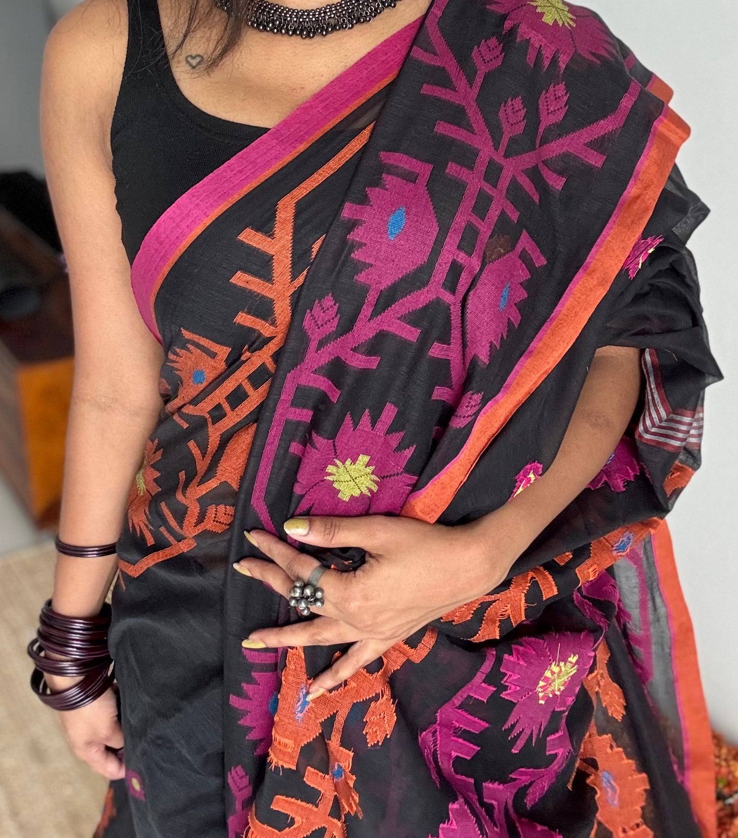 Black with pink and orange jamdani saree in mul cotton - YCBCJDFE382