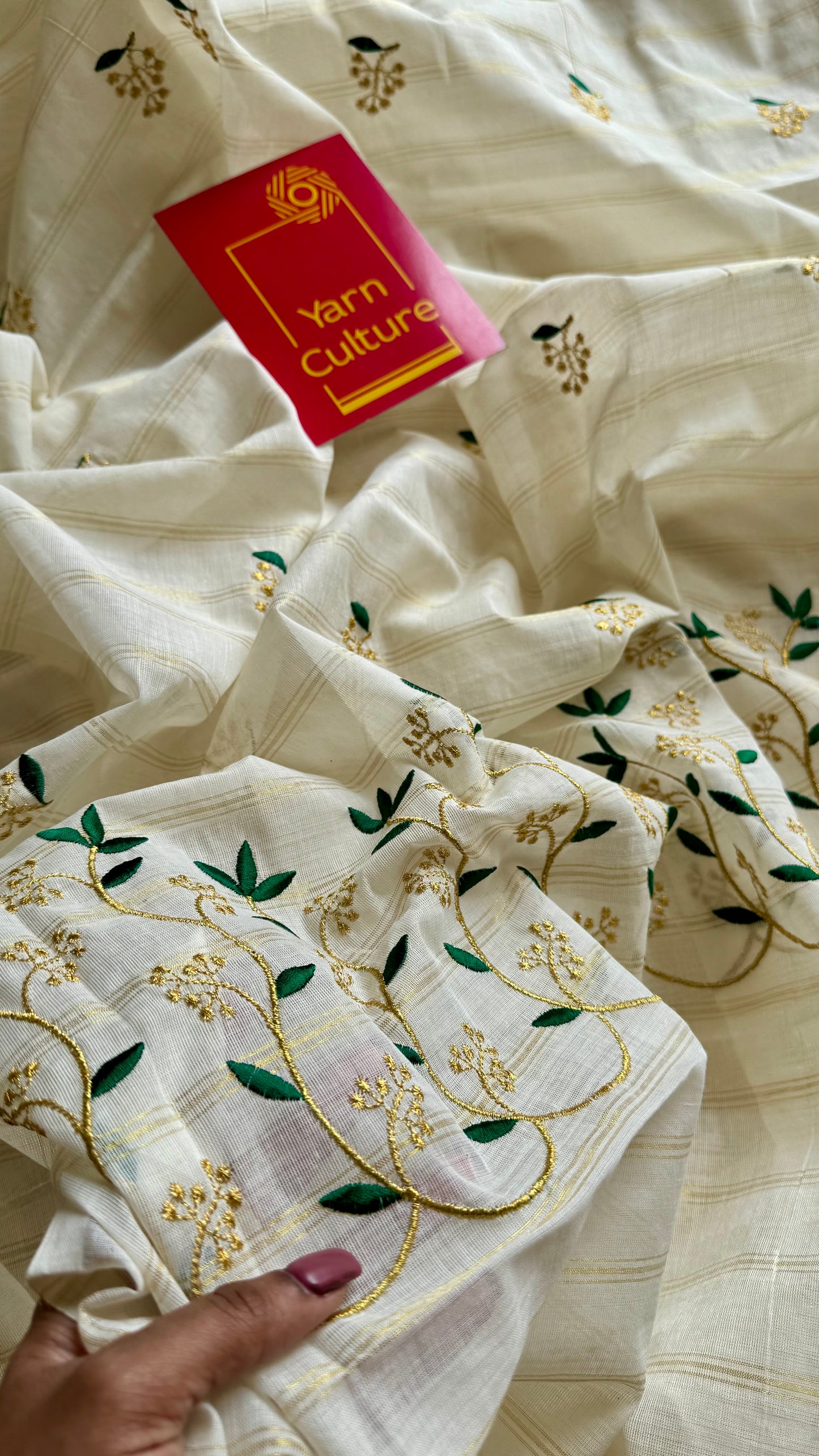 Ivory and gold soft cotton saree, dark green floral vine embroidery  - YCIEON57