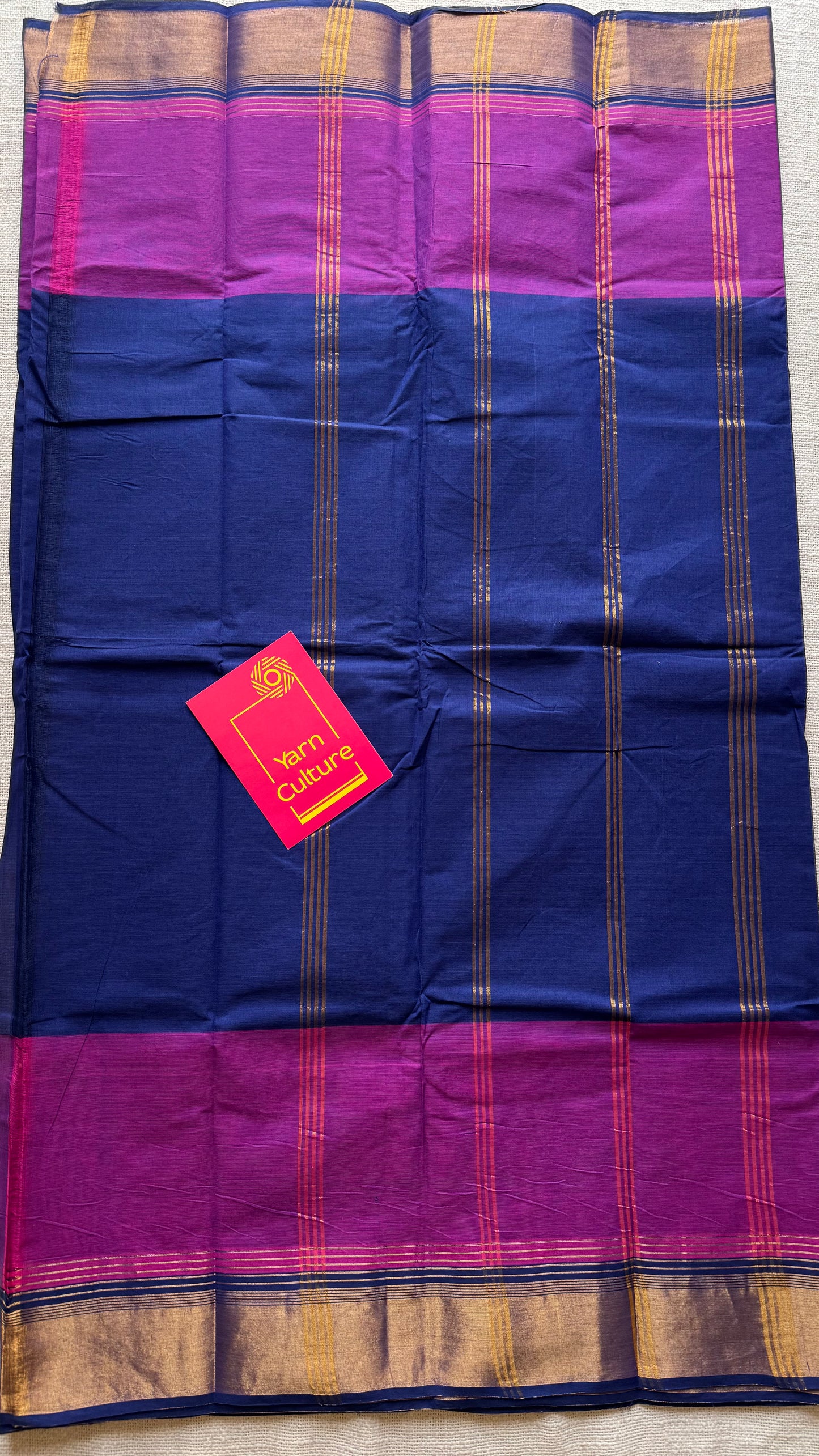 Dark blue and magenta Chettinad cotton saree with antique gold zari border - YCCOTNCCFE154