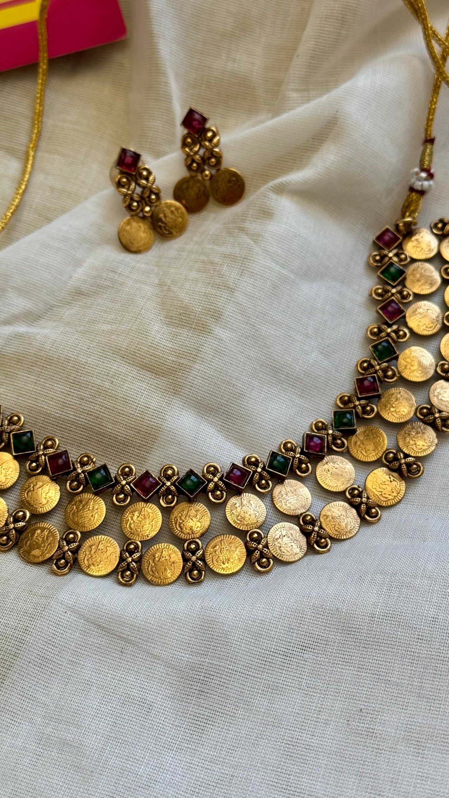 Ruby and green stones with 2 layer coin neckpiece, with earrings - YCGPNP677