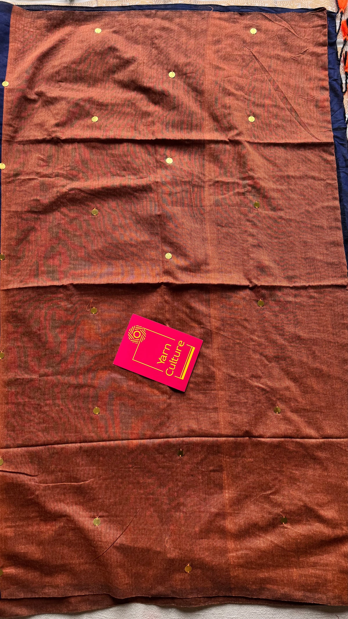Orange with blue contrast pallu, gini sequins, soft cotton saree - YCBCSCOC08