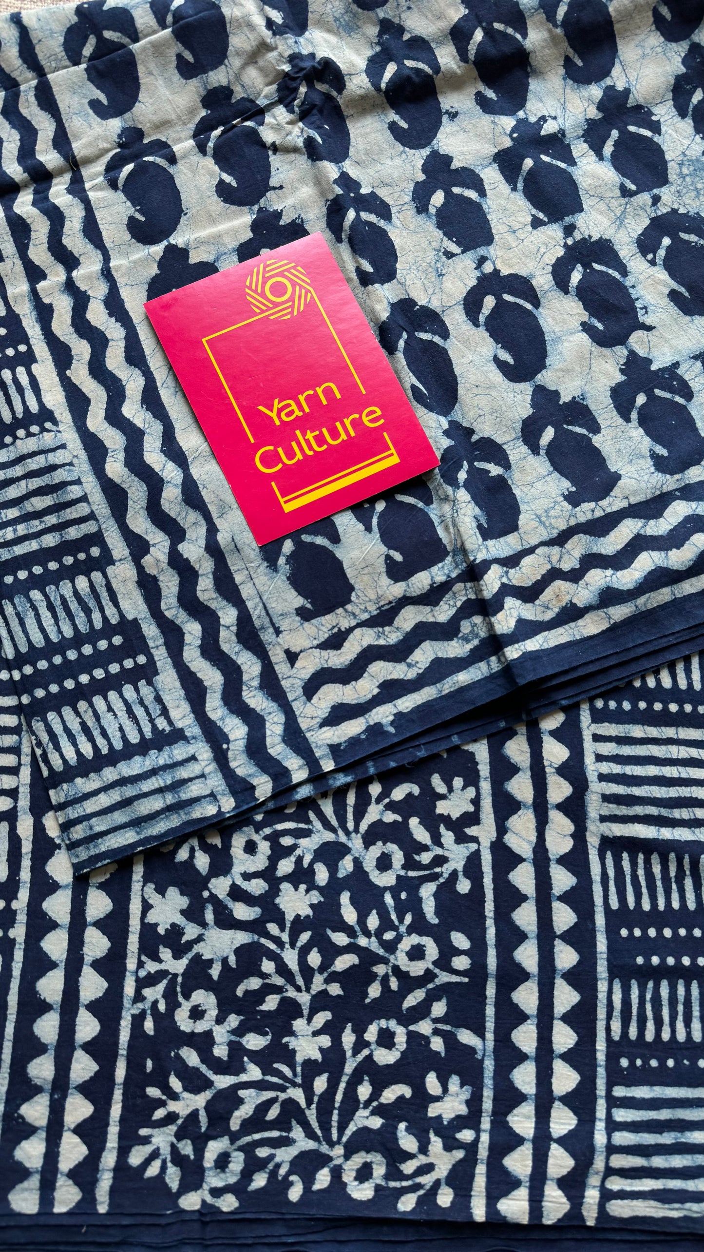 Beige with indigo paisley motifs, block printed soft cotton saree - YCTORCMA10