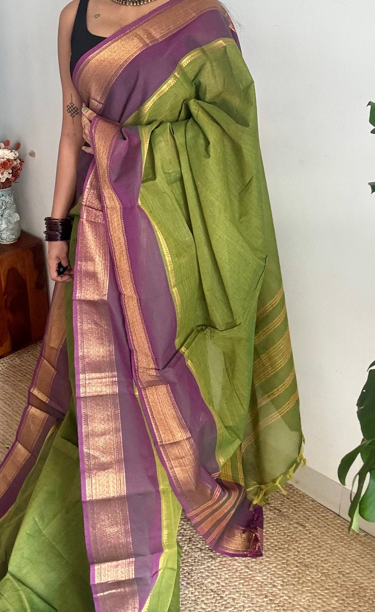 Green with wine gap zari border, kanchi cotton saree - YCCOTNCCOC113