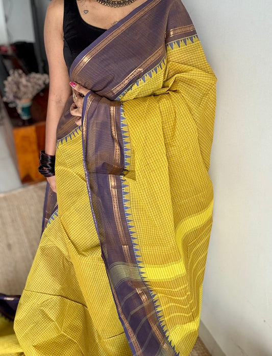 Ginger green with deep purple border, temple motifs, checkered body, kanchi cotton - YCCOTNOCKC28