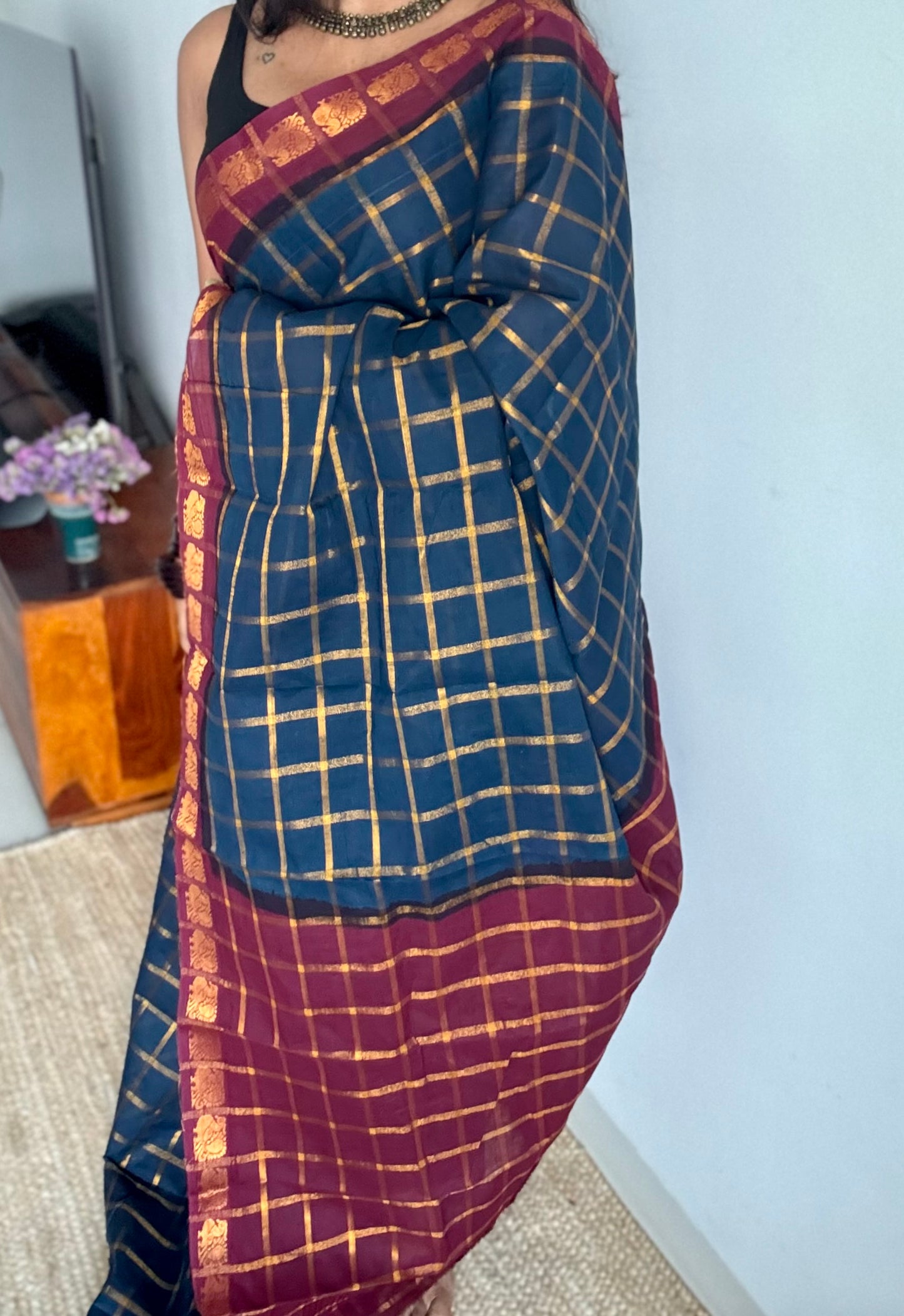 Teal blue with maroon pavithra kattam sungudi, madurai cotton - YCCOTNSUDE78