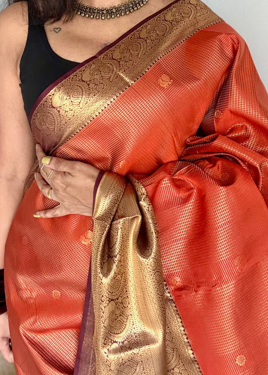 Rust orange with brown, handloom koorai kattam semi silk - YCSOKSSFE41