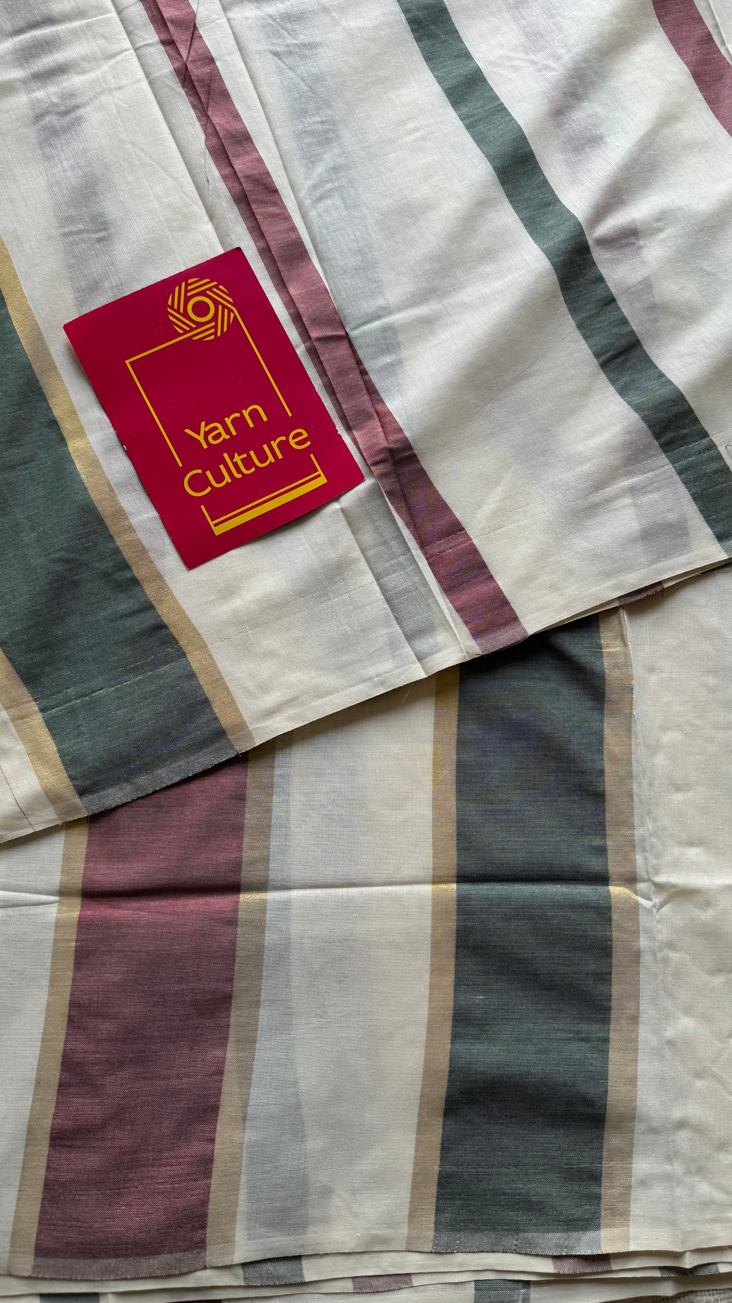 Ivory Kerala cotton saree with maroon and green stripes - YCIEKCFE307