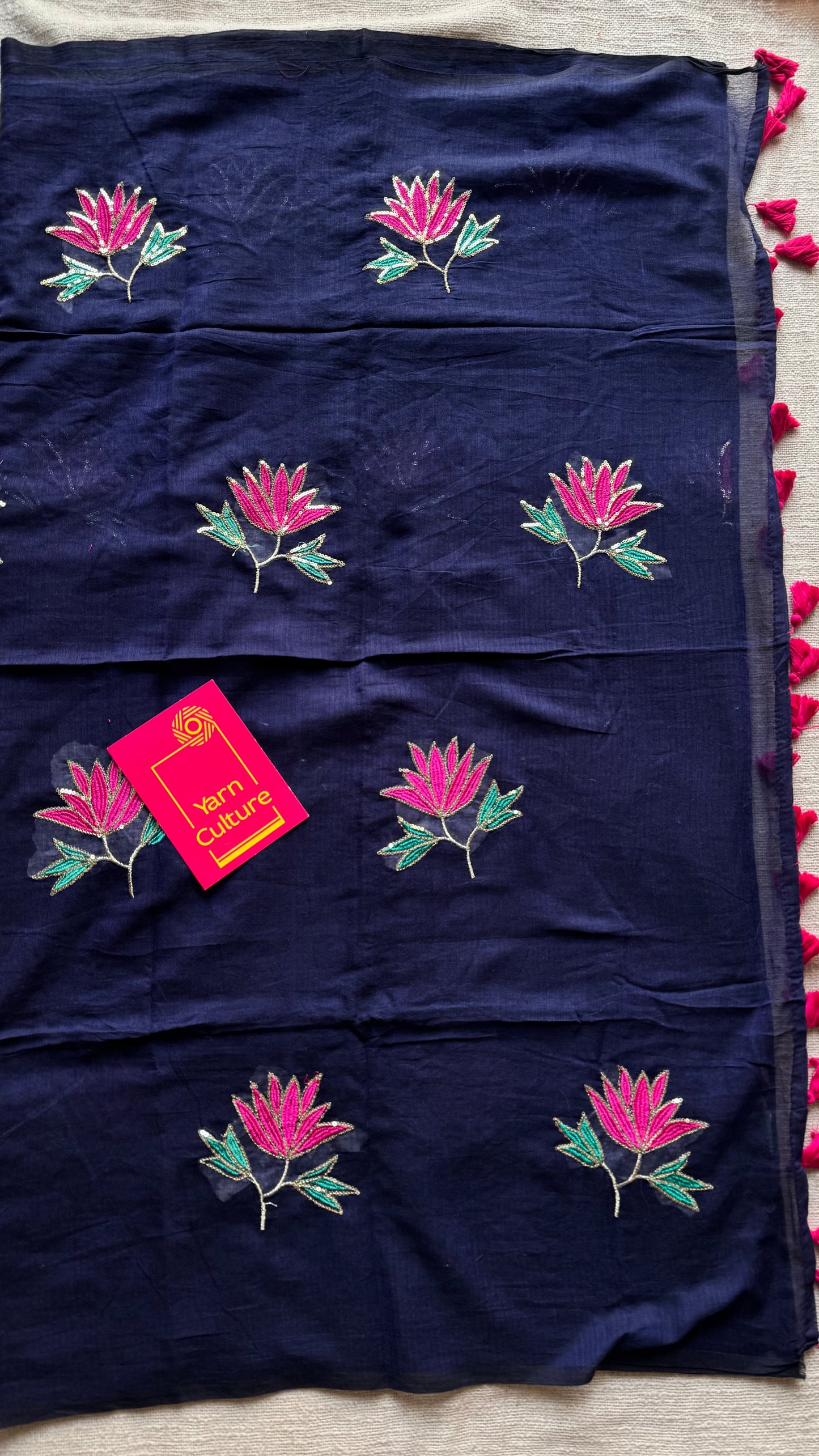 Dark blue mul with lotus sequin embroidery - YCBCMCNO66