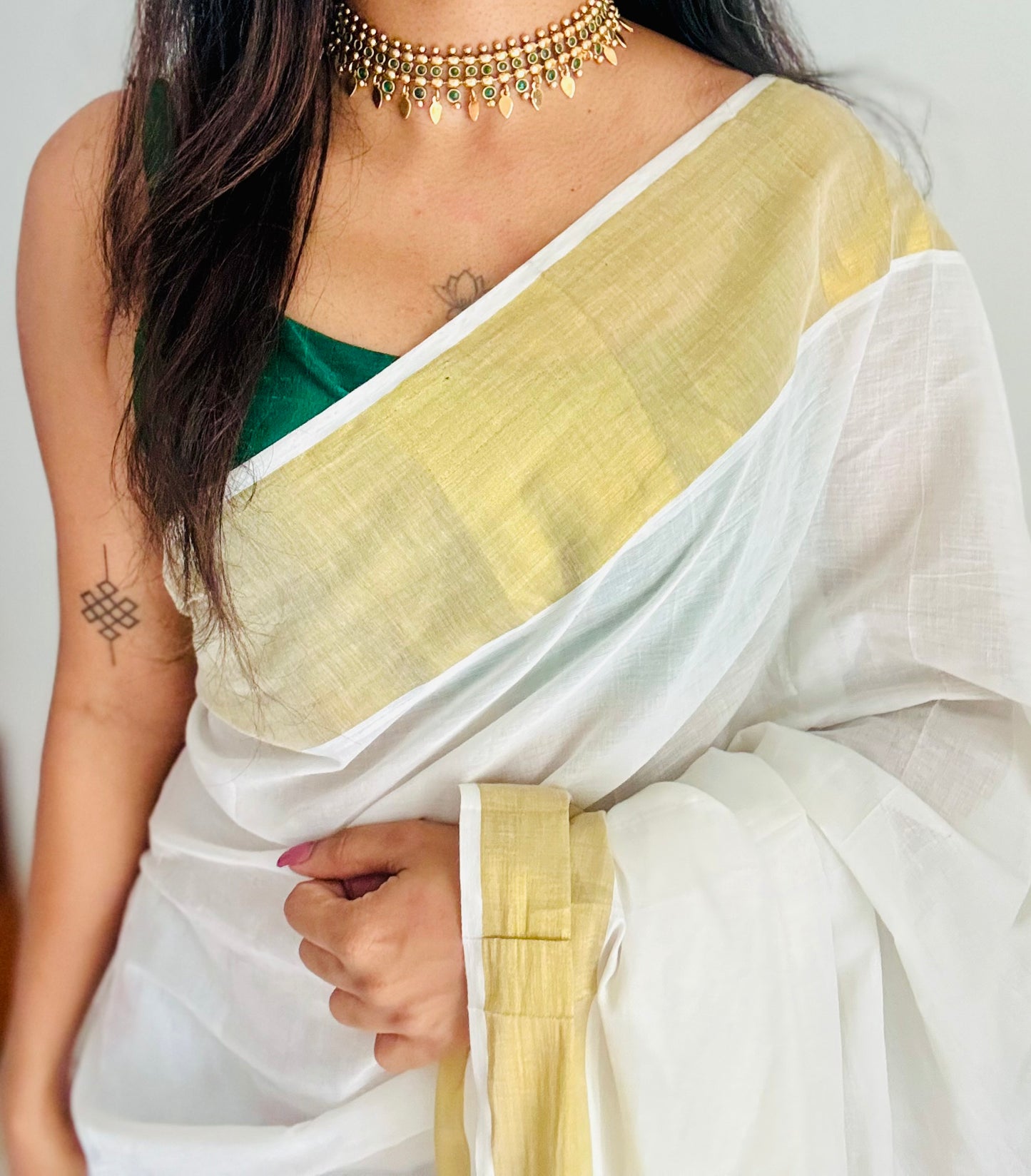 Elakkathali with green stones, with earrings - YCGPNP789