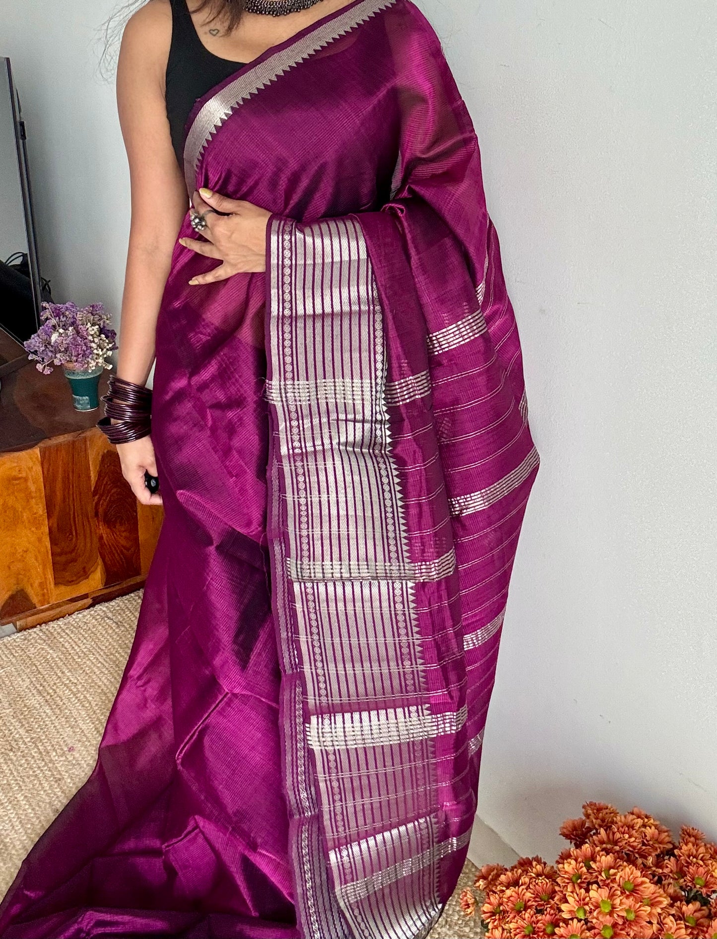 Purple pink with silver woven zari border, mangalgiri silk cotton, handwoven, soft, light weight- YCWOTDFEM406