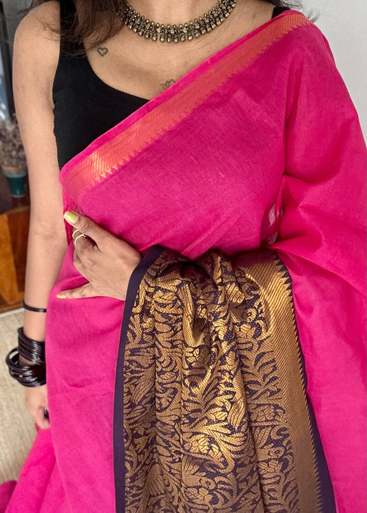 Hot pink with dark blue vanasringaram long border - madurai soft cotton - YCCOTNSEMS73
