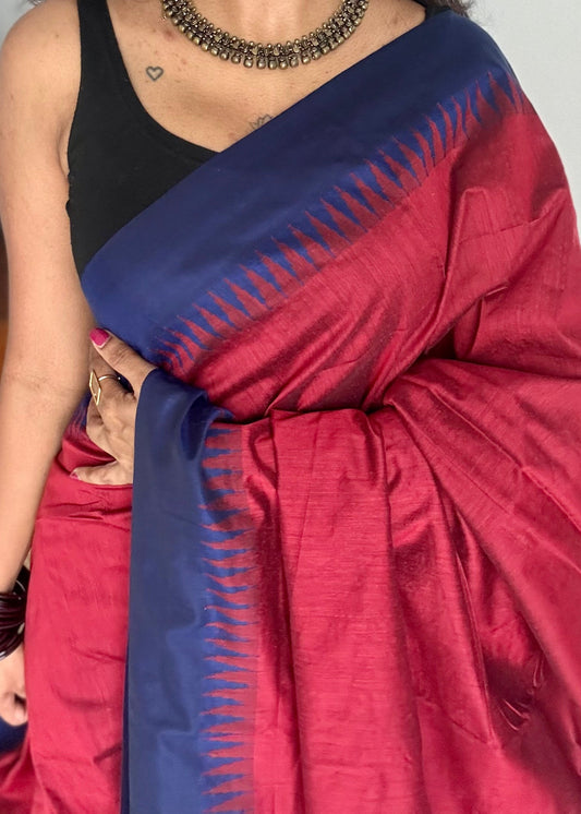 Red with royal blue temple border - cotton silk - YCCOTNOCKCS5