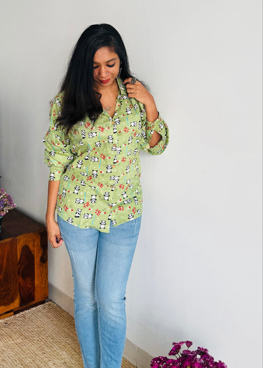 Minty Mischief - blockprinted cotton stitched shirt, collared neck, full sleeves - YCSEBPSJA186