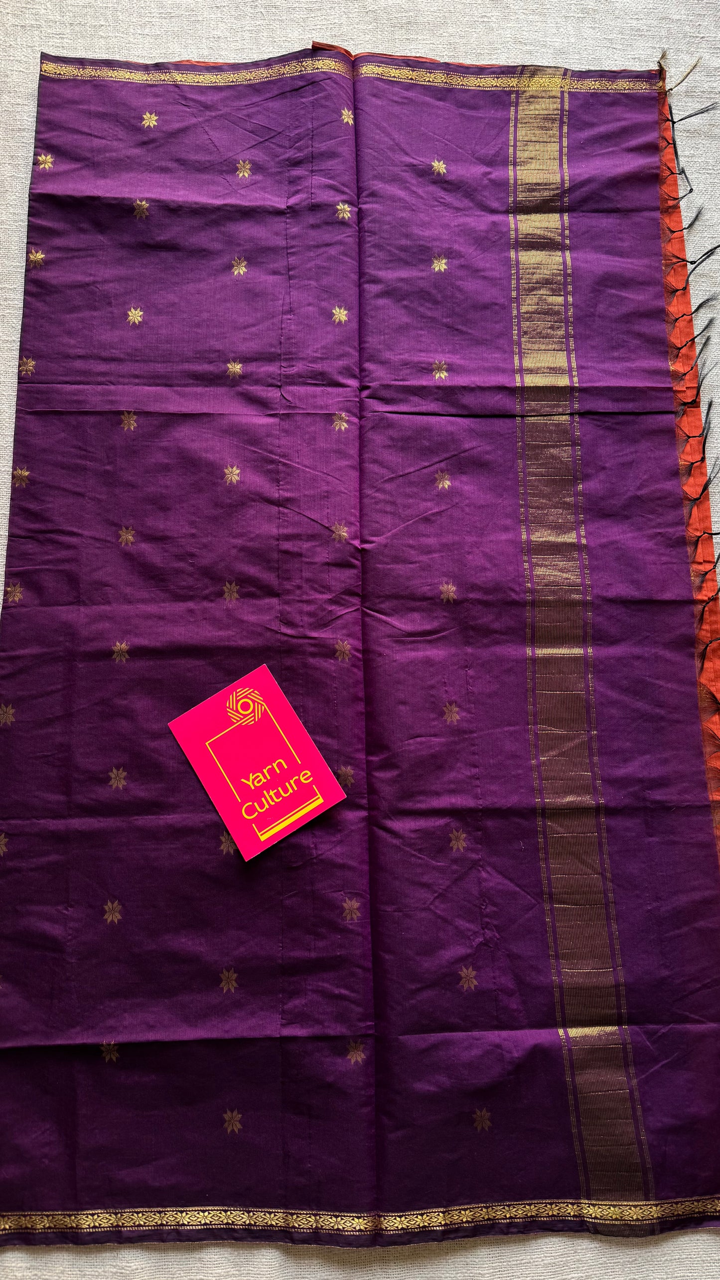 Dark orange with purple wine, gold buttas, semi maheshwari cotton silk - YCCOTNCSDE91