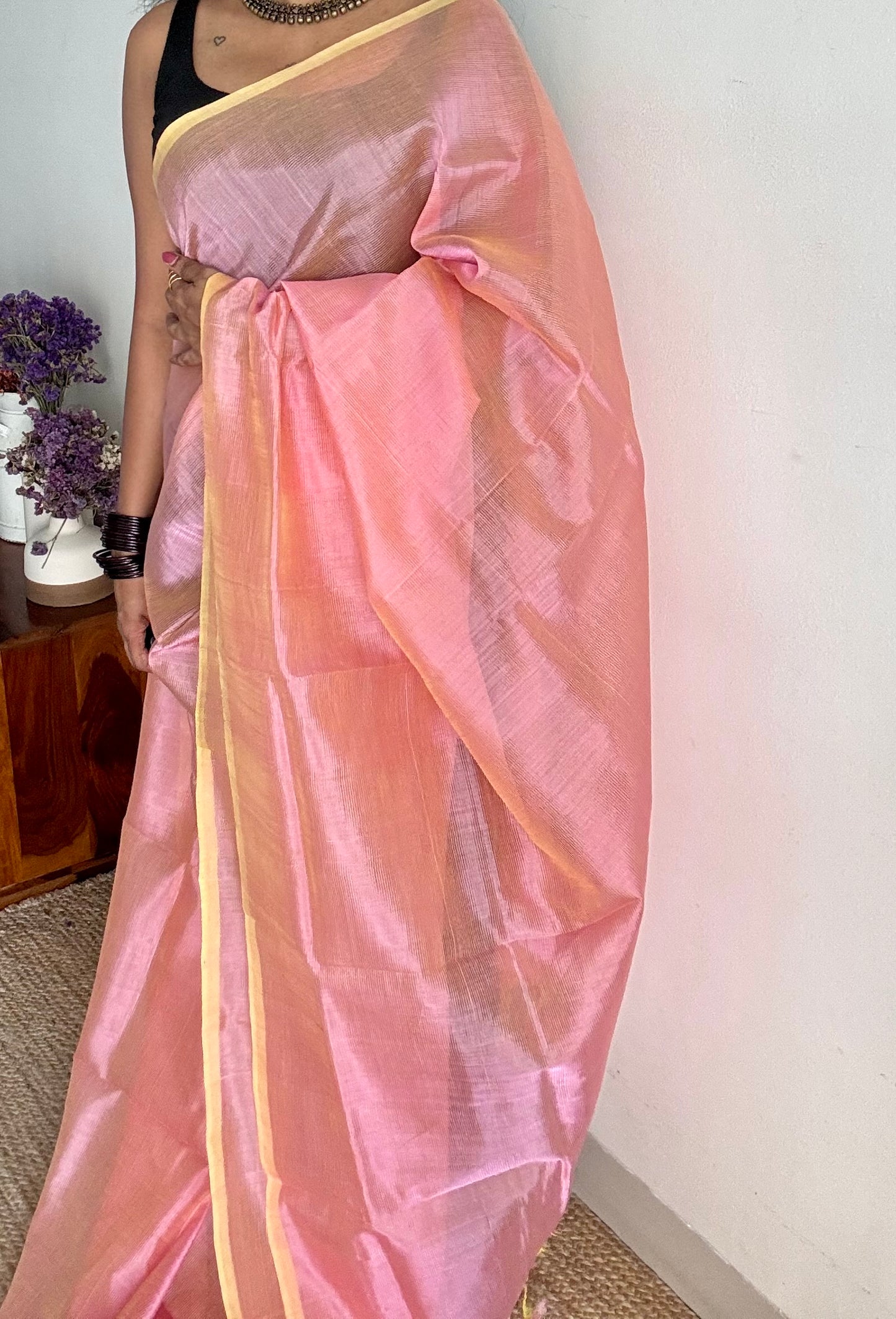 Plain pastel pink yellow dual tone, mangalgiri silk cotton, handwoven, soft, light weight - YCWOTDMSAP220