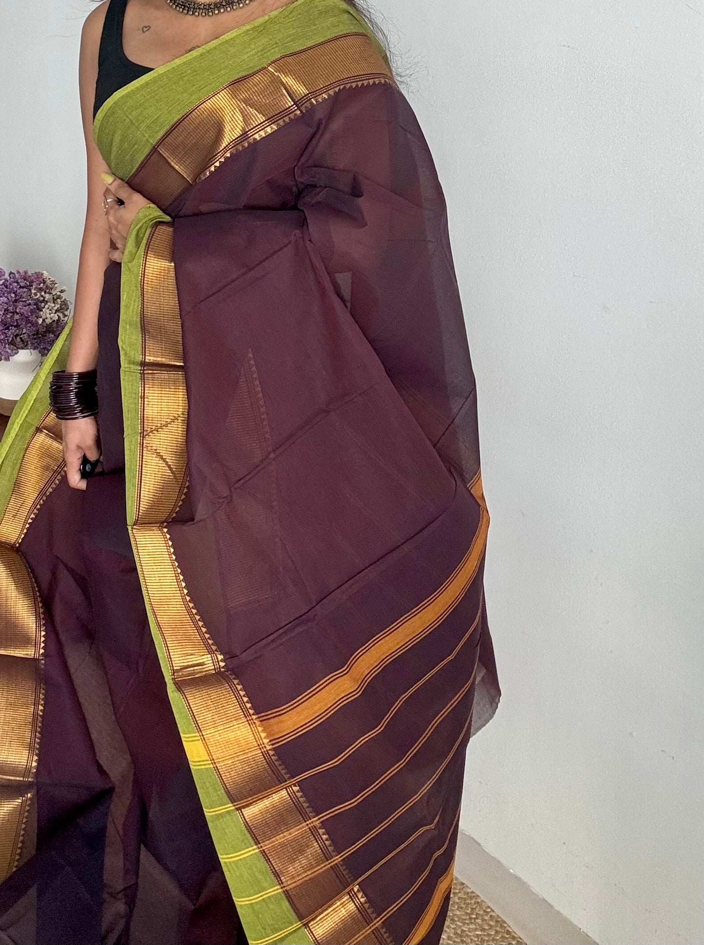 Chettinad cotton saree in brown with green and gold border - YCCOTNJUCC09