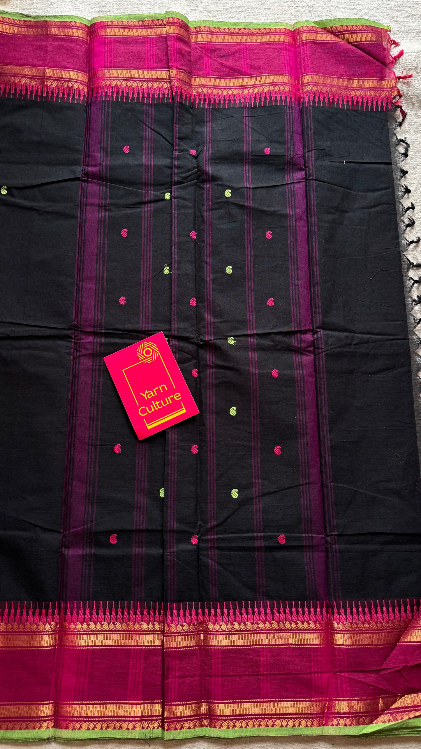Kanchi cotton saree, black with magenta and pista green border - YCCOTNAP84