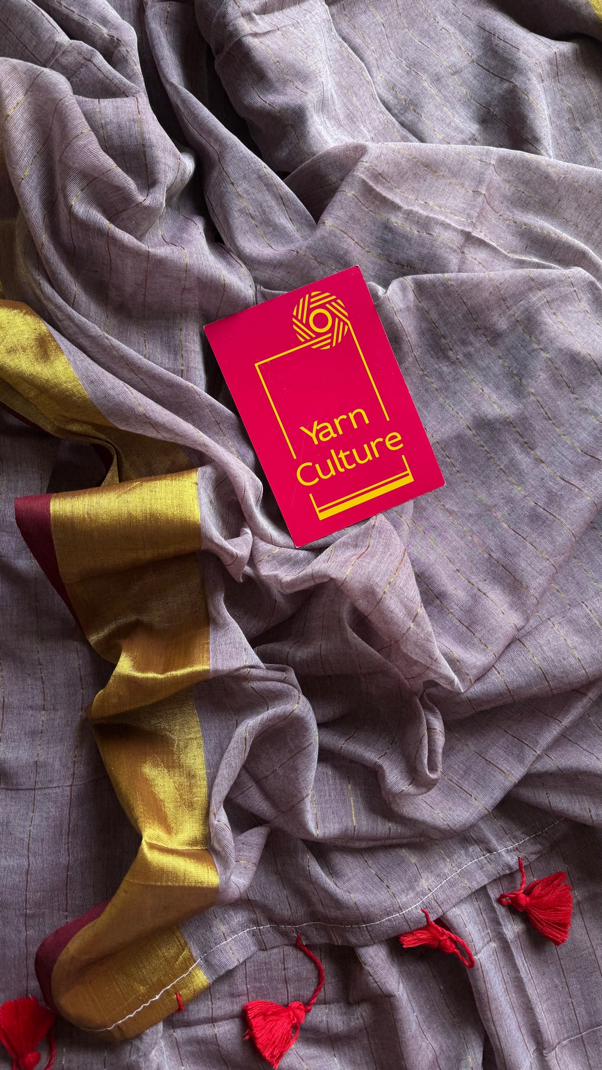 Grey mul cotton saree with zari stripes and maroon highlighted border - YCBCMCSE35