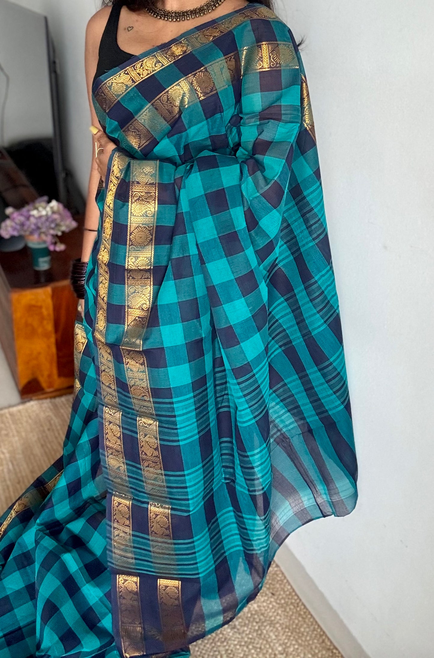 Turquoise and dark blue paalum pazhamum checkered kanchi cotton - YCCOTNKCDE81