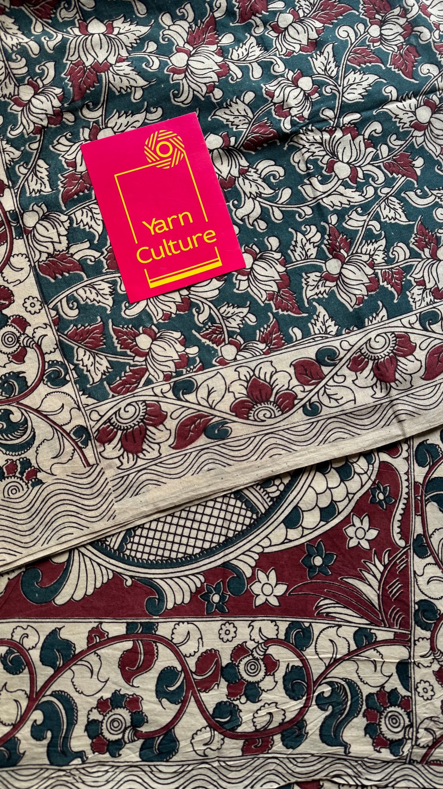 Bluish grey with beige and maroon kalamkari, floral vines, soft cotton - YCWOTDOCMP86