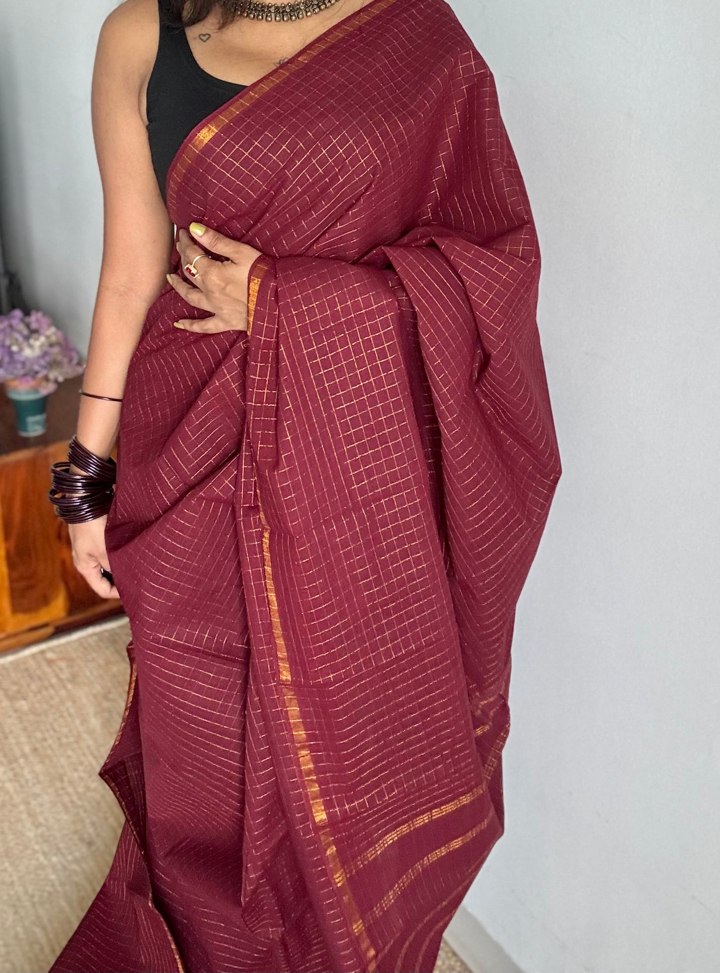 Maroon mini kattam kattuchayam dyed madurai cotton saree - YCCOTNMSFE107