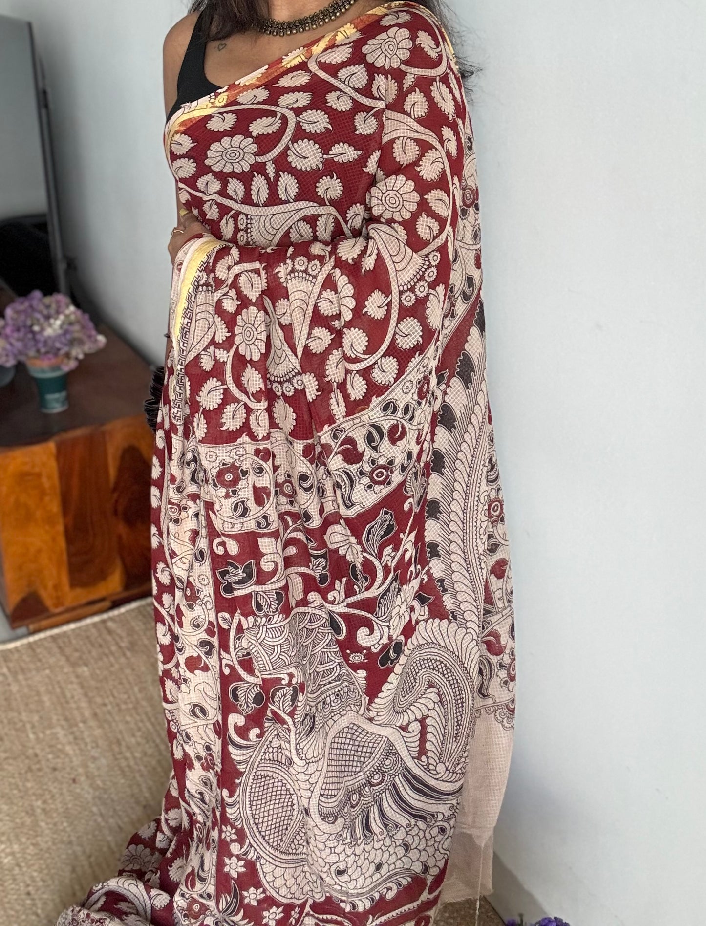 Red cream floral kalamkari saree in kota, with zari border - YCWOTDKKFE17