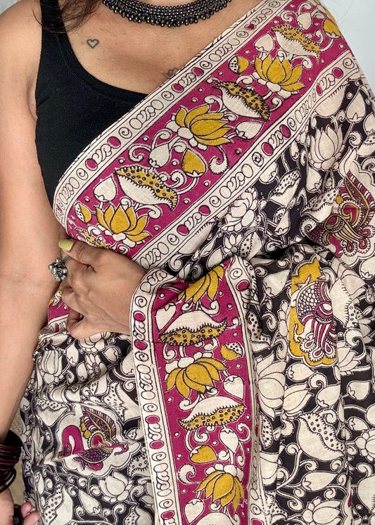 Black with pink kalamkari saree, floral vines, soft cotton - YCWOTDMA347