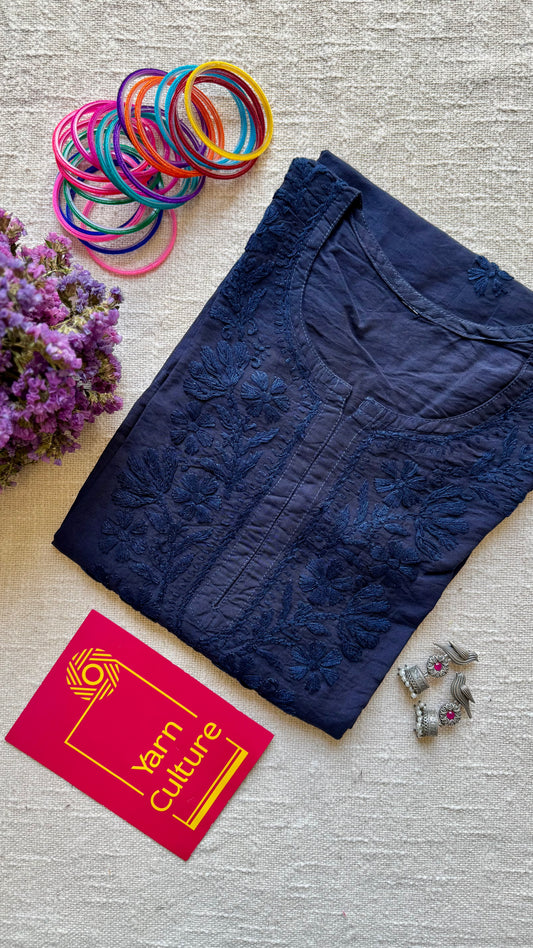 Indigo/navy blue chanderi chikankari with ghas patti work, stitched kurta, round neck, three fourth sleeves - YCSECK13