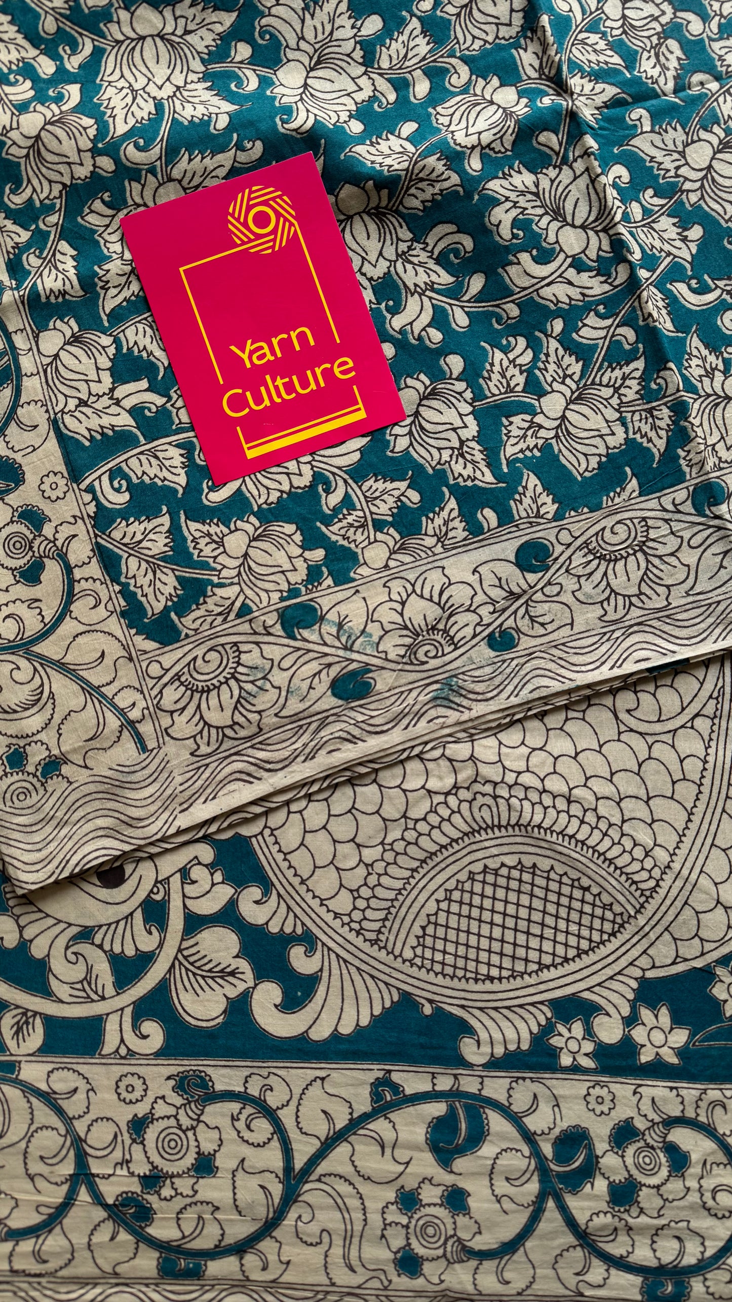 Teal with beige kalamkari, floral vines, soft cotton - YCWOTDOCMP89