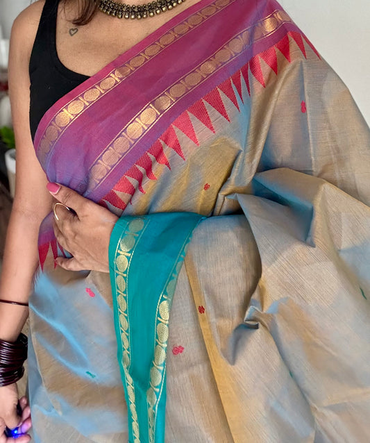 Kanchi cotton saree, warm grey with purple pink and green dual border - YCCOTNAP96