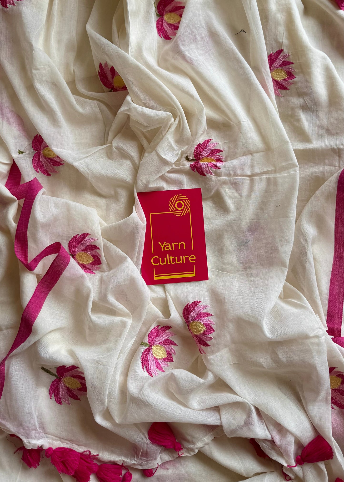 Ivory mul saree, with pink lotus embroidery - YCIEON03