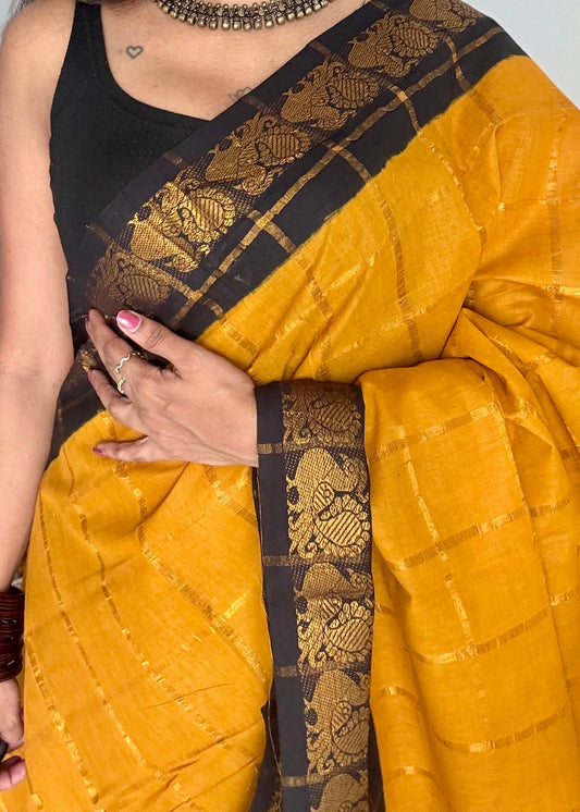 Turmeric yellow with black pavithra kattam sungudi, madurai cotton - YCCOTNMSAP141