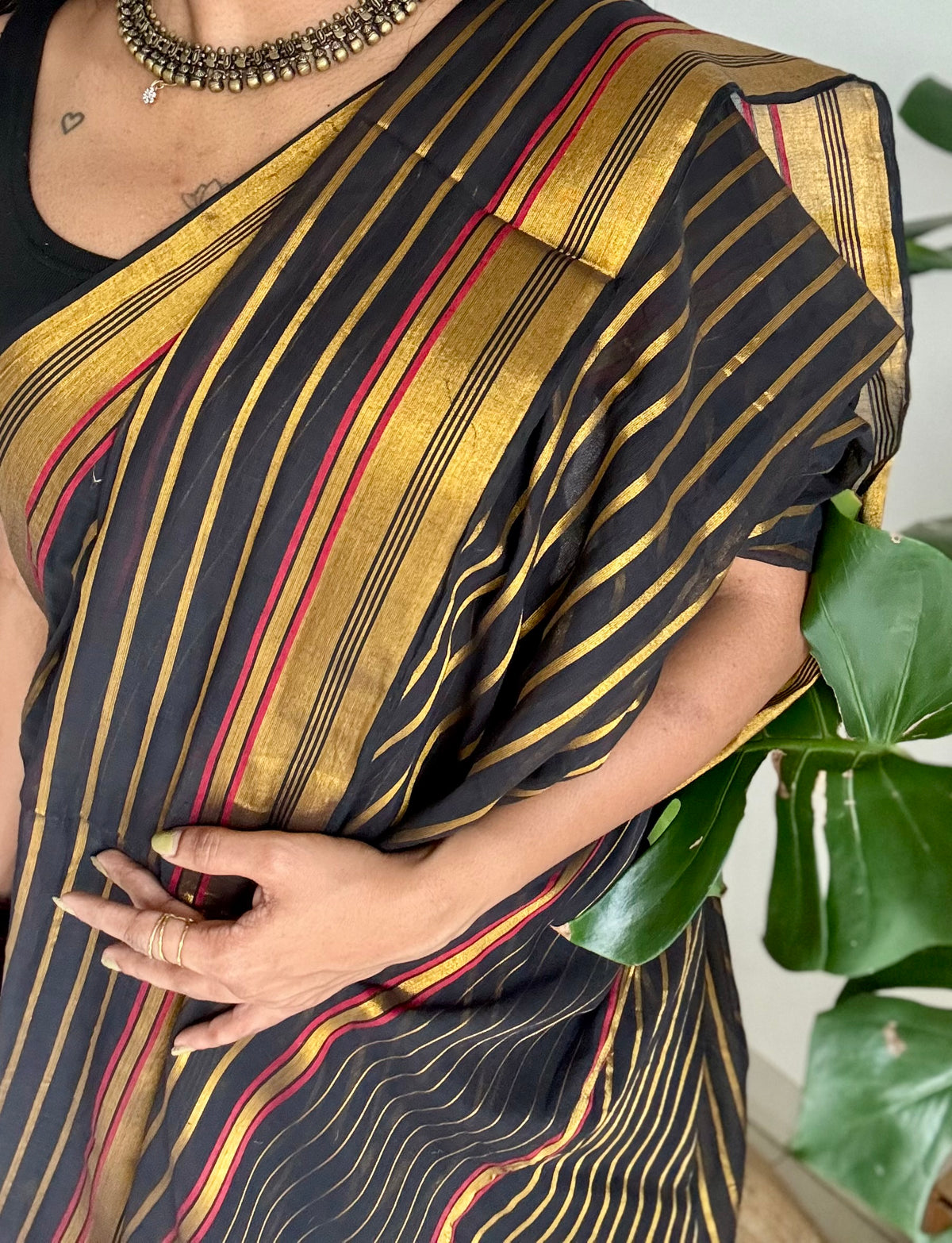Black mul cotton saree with gold and maroon zari stripes - YCBCMCSE27