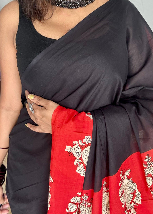 Black with red floral one sided border, soft cotton saree - YCTORCMA05