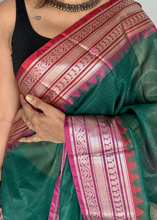 Green Kota Doria saree with red and magenta contrast zari borders Yarn culture

lightweight kota doria saree 

breathable kota doria saree for everyday wear