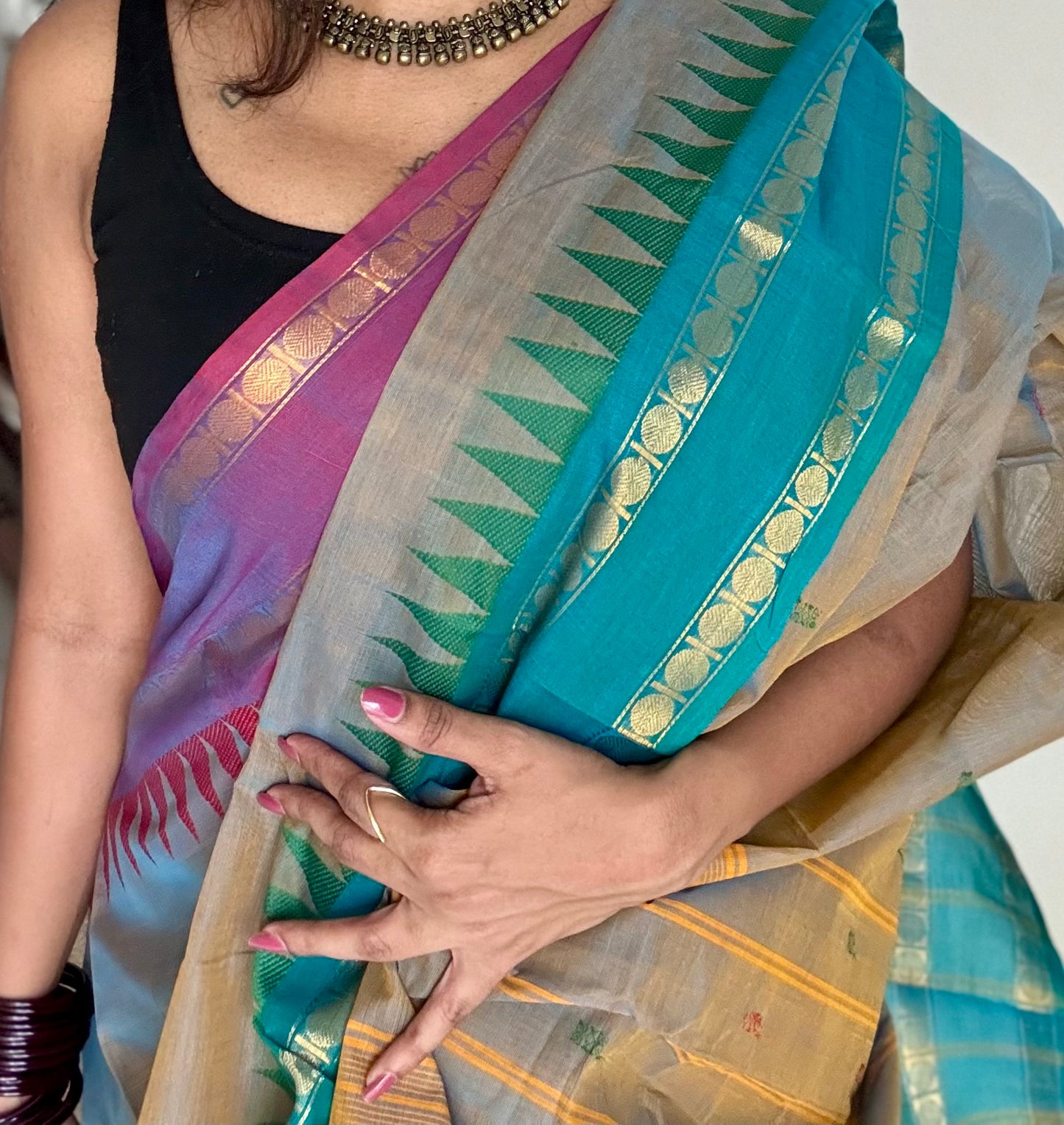 Kanchi cotton saree, warm grey with purple pink and green dual border - YCCOTNAP96