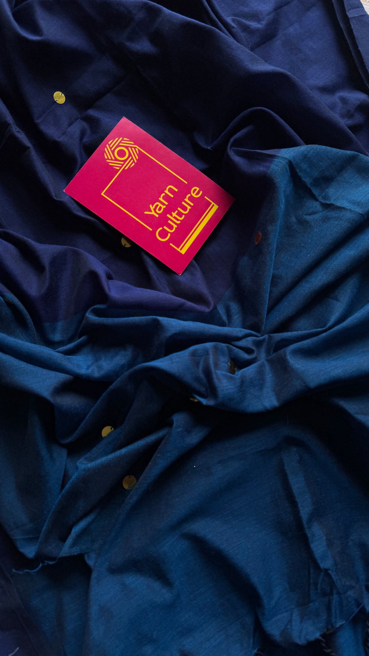 Dark blue with peacock blue contrast pallu, gini sequins, soft cotton saree - YCBCSCOC05