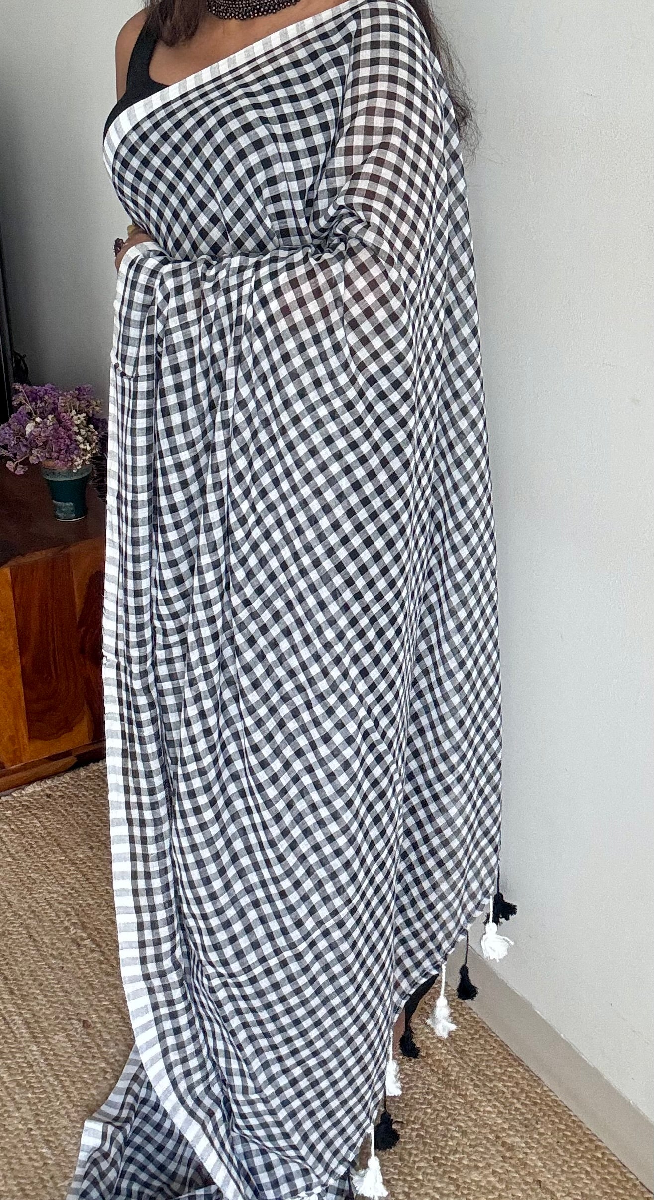Black and white checkered mul cotton saree  - YCBCMCCMA29