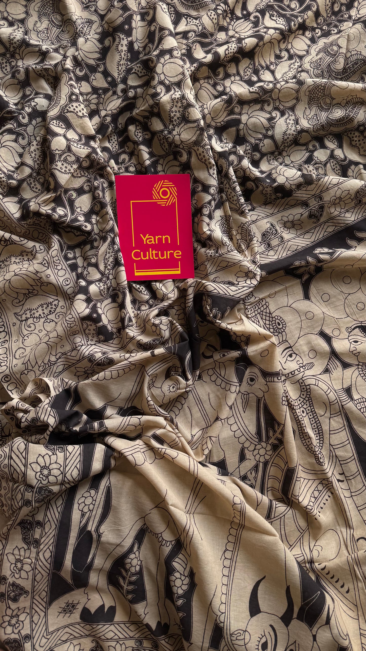 Black with cream kalamkari saree, floral vines, soft cotton - YCWOTDMA353