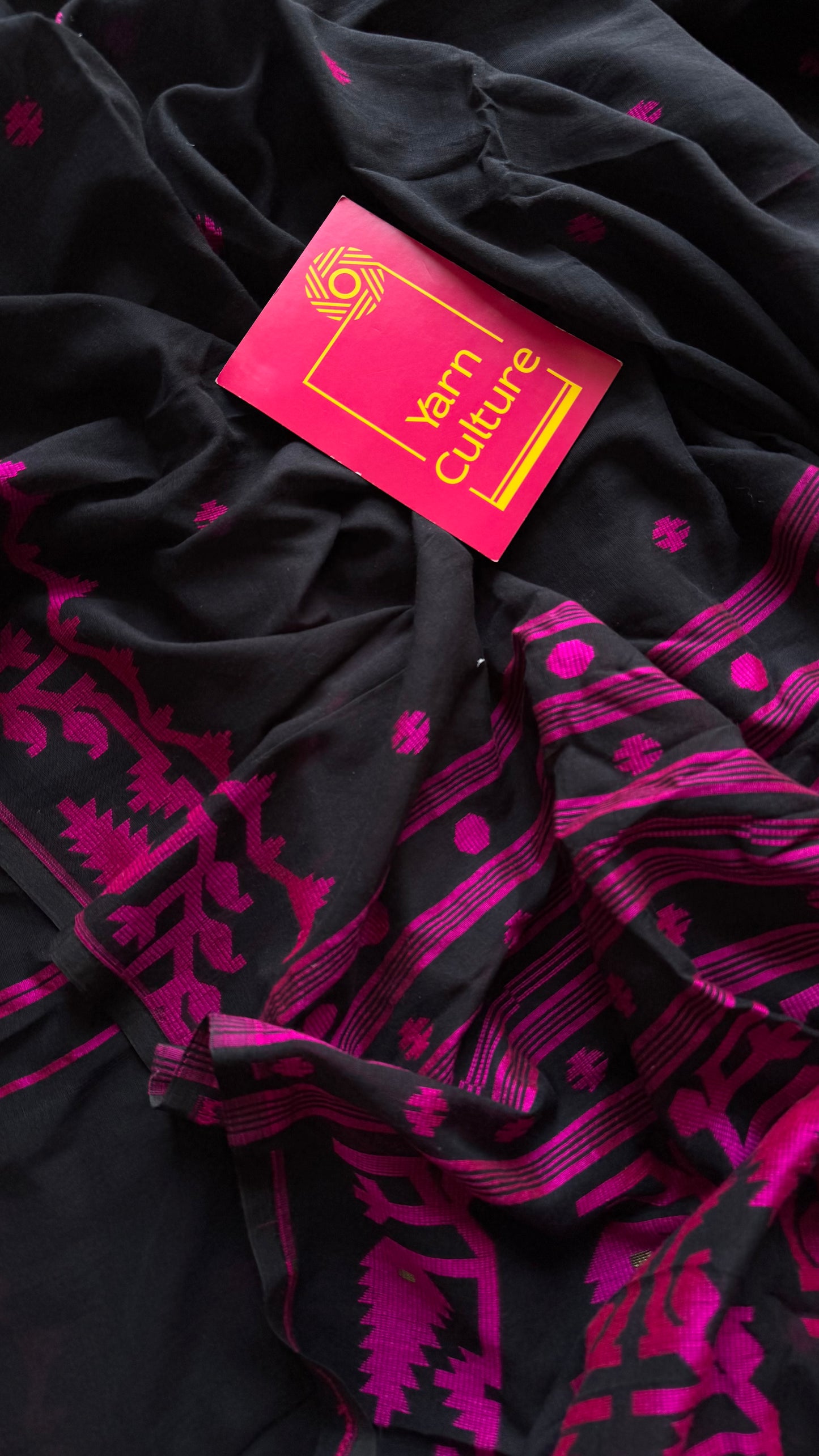 Black with magenta contrast jamdani saree in soft handloom cotton - YCBCJDFE380