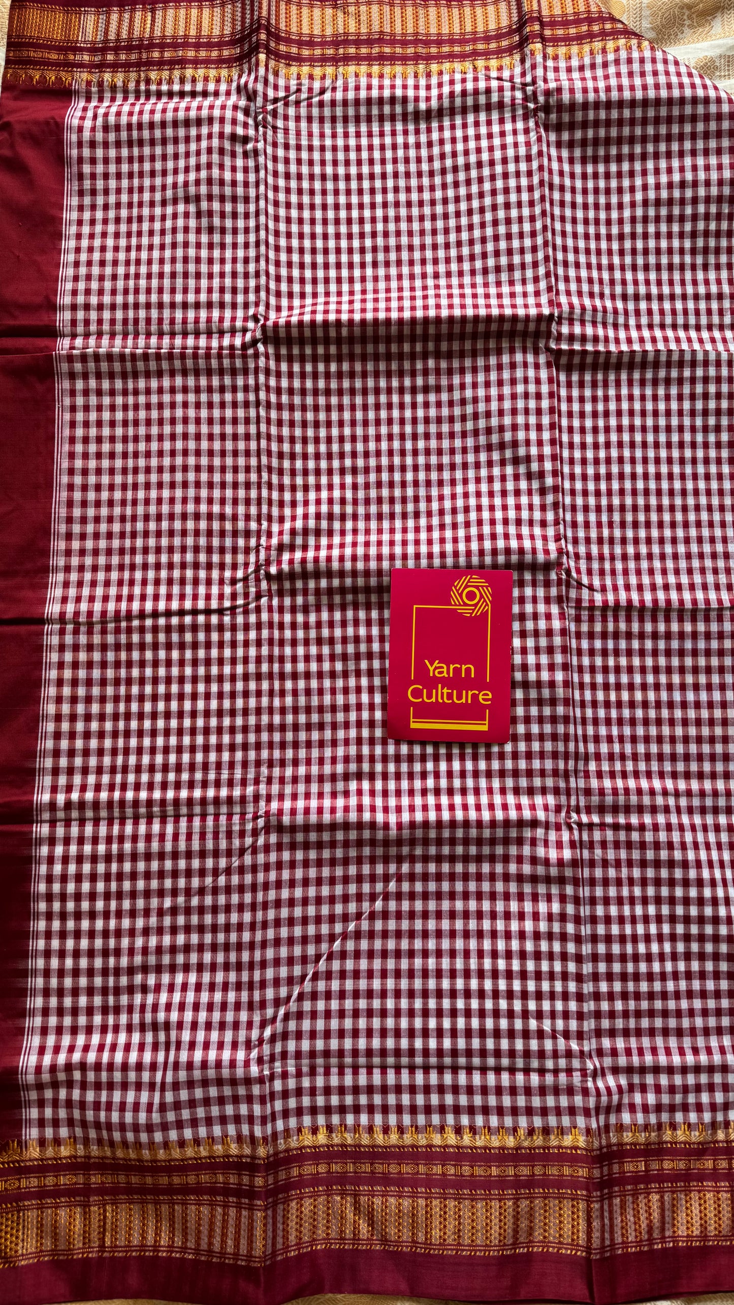 llkal maroon and white checks with chikki paras border, soft cotton with art silk blend - YCLOKICAP230