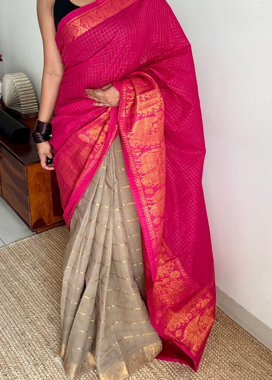 Hot pink and warm grey, sungudi cotton half-half saree - YCCOTNIDMA304