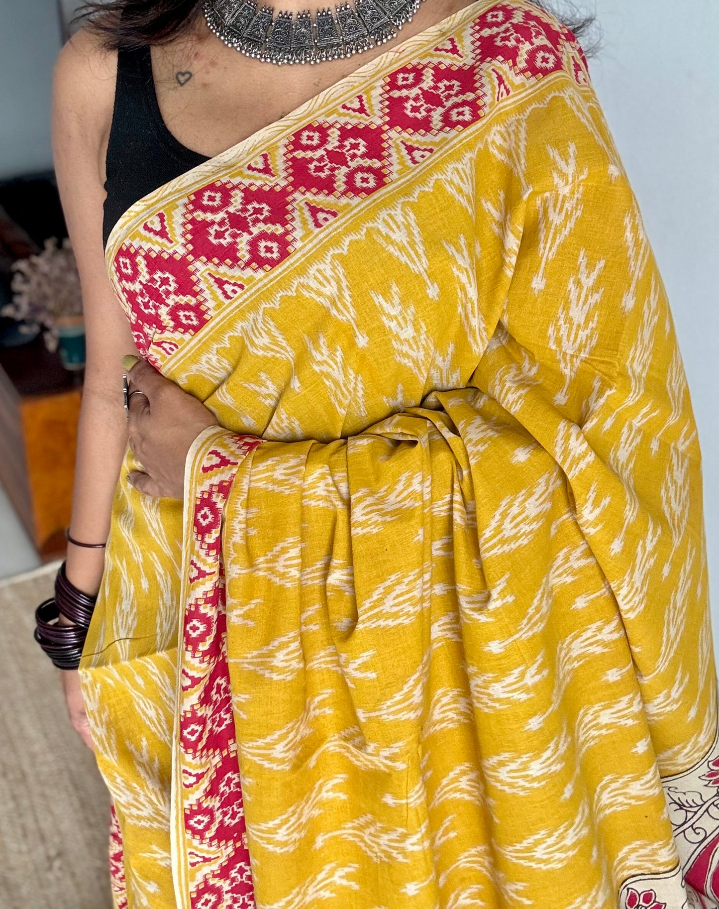 Yellow with red kalamkari, ikat motifs, soft cotton - YCWOTDOCMP82