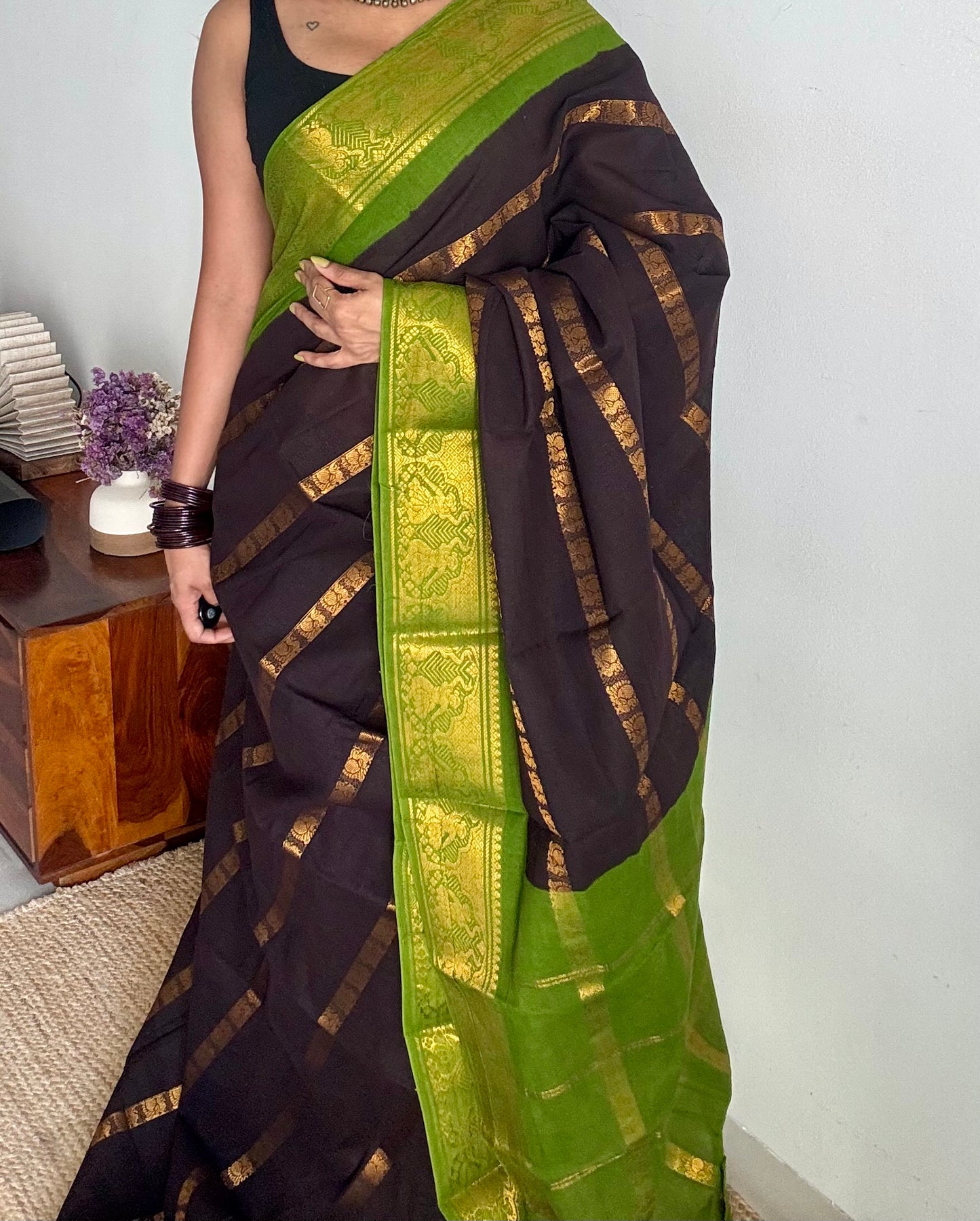 Black with green, multi peacock motif lines, kattuchayam dyed sungudi cotton - YCCOTNJUCC14