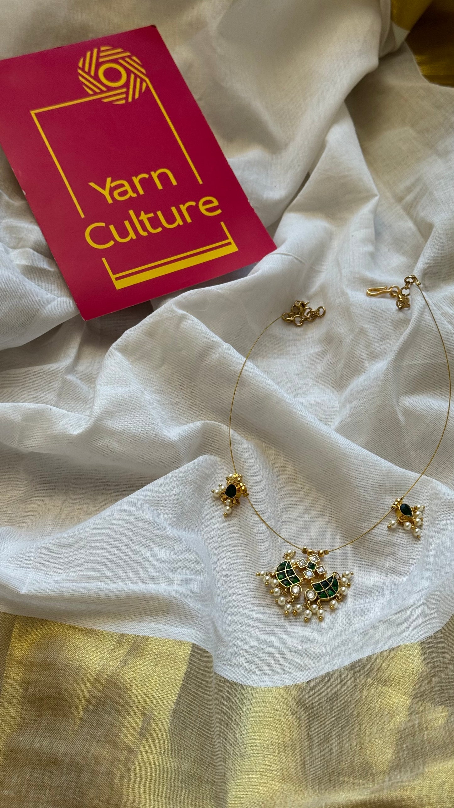 Invisible neckchain with jadau kundan stones & pearl hangings - green, white - YCGPNP693