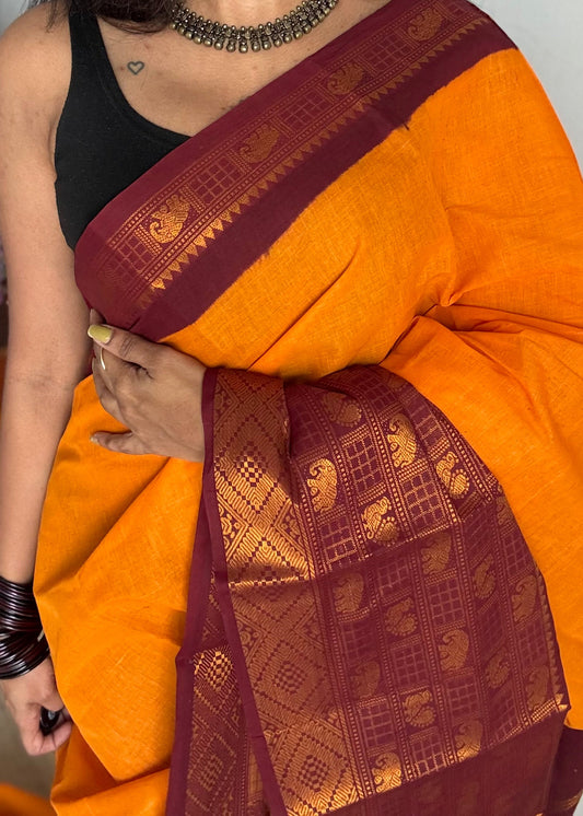 Mango yellow with maroon border, sungudi, madurai soft cotton - YCCOTNSUJA02