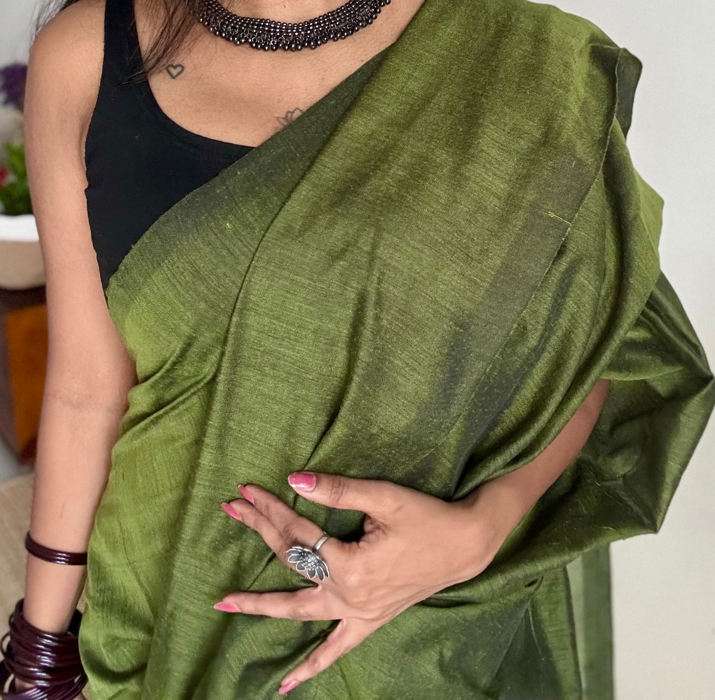 Olive green soft cotton saree  - YCBCKCAP18